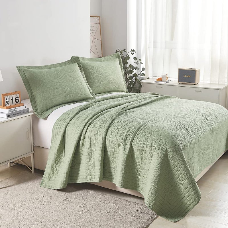 WINLIFE 100% Cotton Quilt Bedspread Sets Embroidered Floral Printed Coverlets American Pastoral Matelasse Bedspread, Matched 2 Pillow Shams, King, Green - Image 2